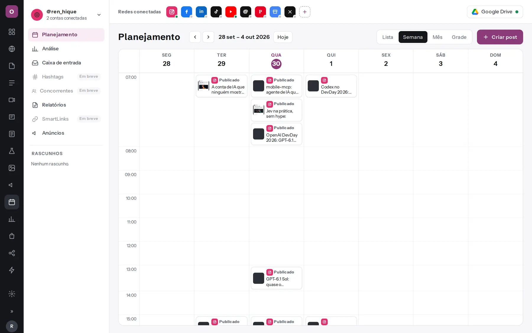 Agenda semanal do Orkesta ContentOS com posts publicados e redes conectadas